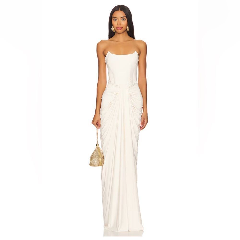 Deme by Gabriella pearl gown off white Strapless boned bustier dress Revolve M
